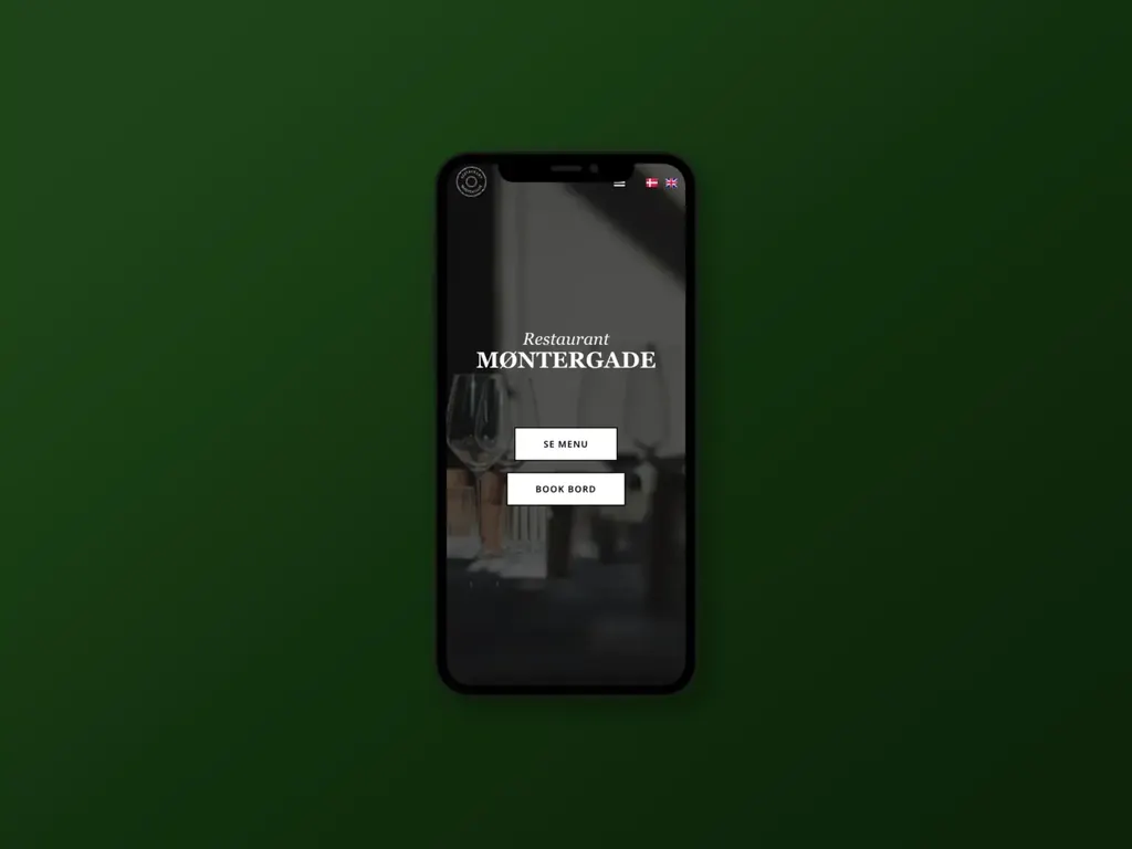 Restaurant Møntergades hjemmeside vist på mobil